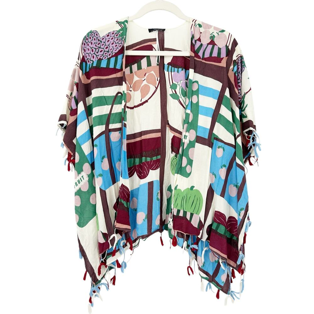 Parfois Womens Boho Summer Fruit Bag Basket Open Front‎ Tassel Fringe Kimono OS